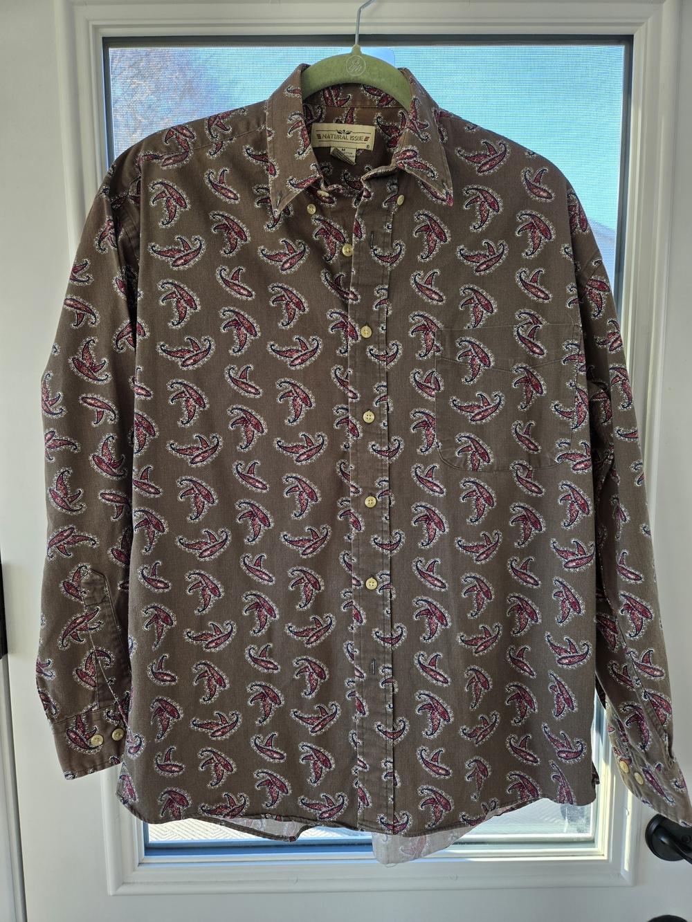 Vintage Natural Issue BrownishGreen Paisley Button-Up Shirt Men's Medium Cotton